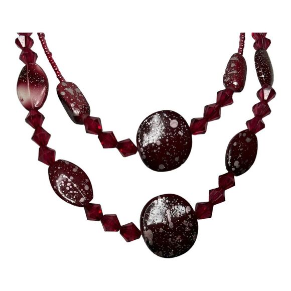 Red Double Strand Necklace Seed Bead Speckled Round Beaded 16” Lobster Claw - Picture 4 of 8